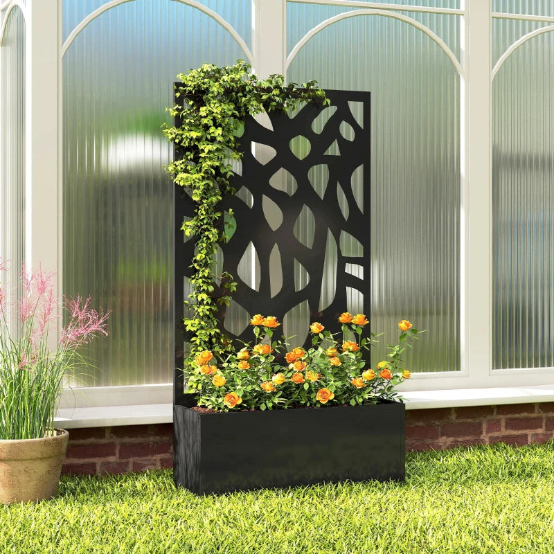 Black metal planter box with tall privacy trellis screen and orange flowers