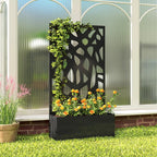 Black metal planter box with tall privacy trellis screen and orange flowers