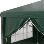 Dark green gazebo corner with curtained doorway and white window wall panel