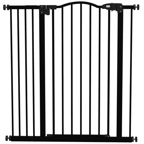 Black pressure-fit dog stair gate with vertical bars and side mounting brackets