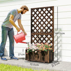 Carbonized wood raised planter bed with lattice trellis, shown with size markers