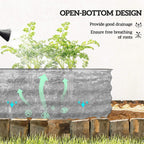 Gray galvanized metal raised garden bed with open-bottom design for drainage