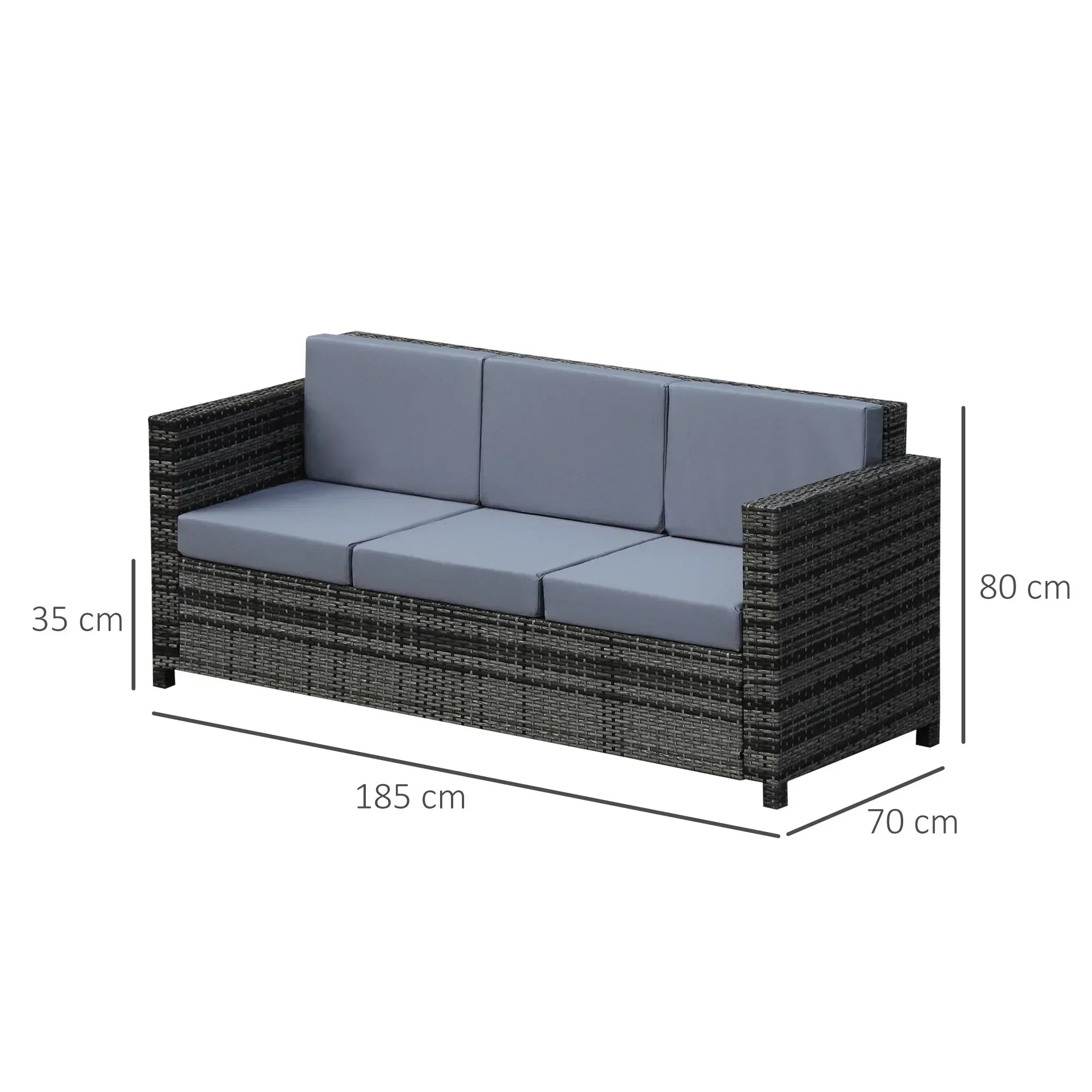 3 Seater All Weather Outdoor Sofa, Garden Rattan Sofa with Cushions and Mental Frame, Grey - Bobobiy