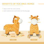 Giraffe plush ride-on rocker with wooden base and wheels, side and front angles