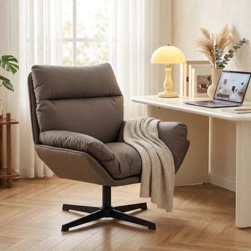 Dark brown swivel accent chair with high backrest and curved armrest pads