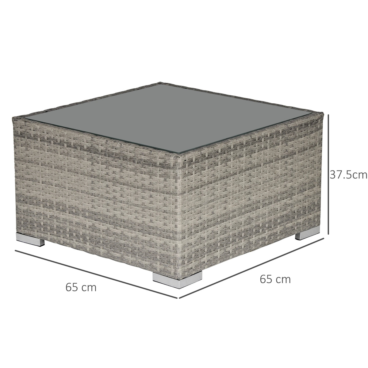 Square wicker coffee table with glass top, 65 cm wide and 37.5 cm high