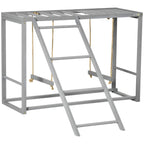 Grey wooden chicken activity play center with ladder and swing platform, open frame