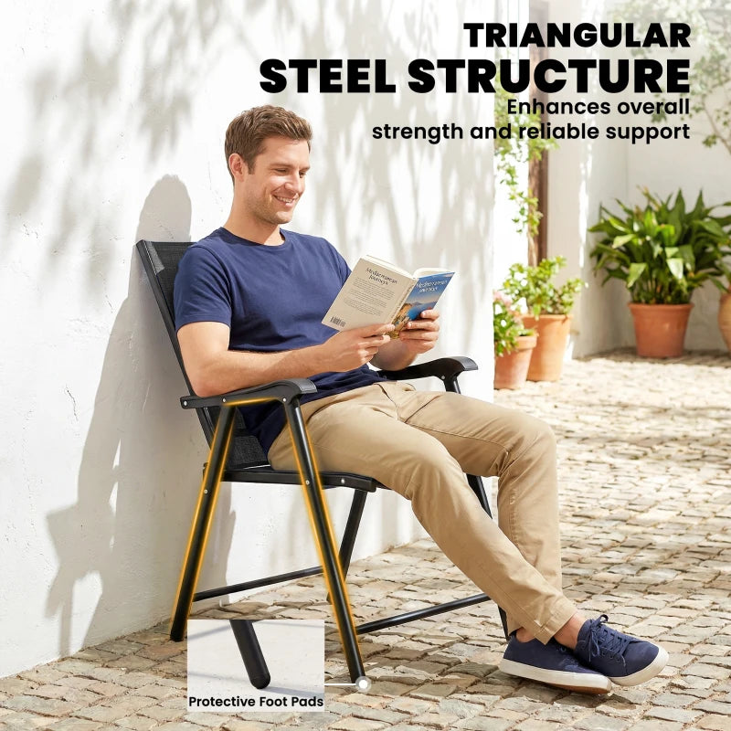 Black folding high-back garden chair with armrests, steel frame and protective foot pads