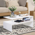 White coffee table with lower open storage shelf and aluminum support legs