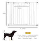 White dog gate with vertical bars, labeled 74–100 cm width and 76 cm height