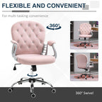 Pink velvet swivel desk chair with tufted back and rolling casters