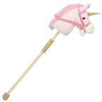 Pink plush unicorn stick horse with grip handle and gold horn, sound ears