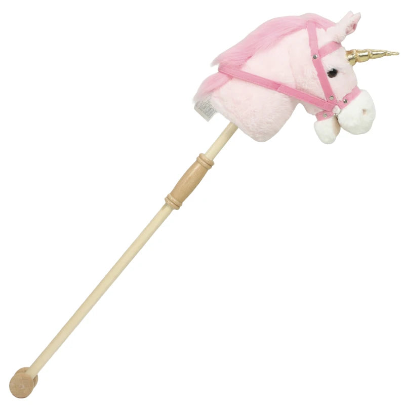 Pink plush unicorn stick horse with grip handle and gold horn, sound ears