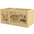 Natural wood hamster cage with open front, platforms, hut, ladder, and water bottle