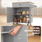 Grey kitchen island with 3-level adjustable shelf inside cabinet and side spice rack