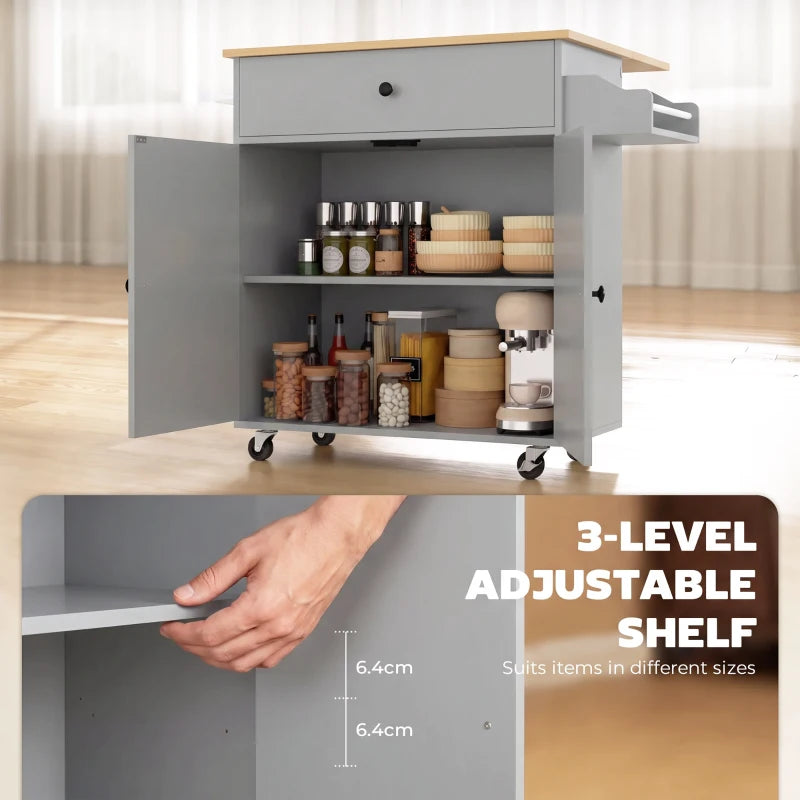 Grey kitchen island with 3-level adjustable shelf inside cabinet and side spice rack