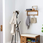 Wall coat rack with 4 hooks and small shelf, natural wood finish.