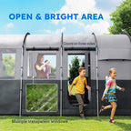Grey family camping tent with doors on three sides and multiple transparent windows