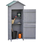 Dark grey wooden garden storage shed with angled felt roof, open double doors