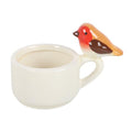 Ceramic robin tealight holder with white cup and red-orange bird perched on handle