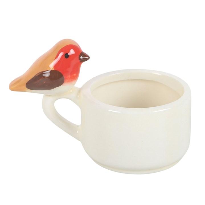Ceramic robin tealight holder, white cup with red bird perched on the side