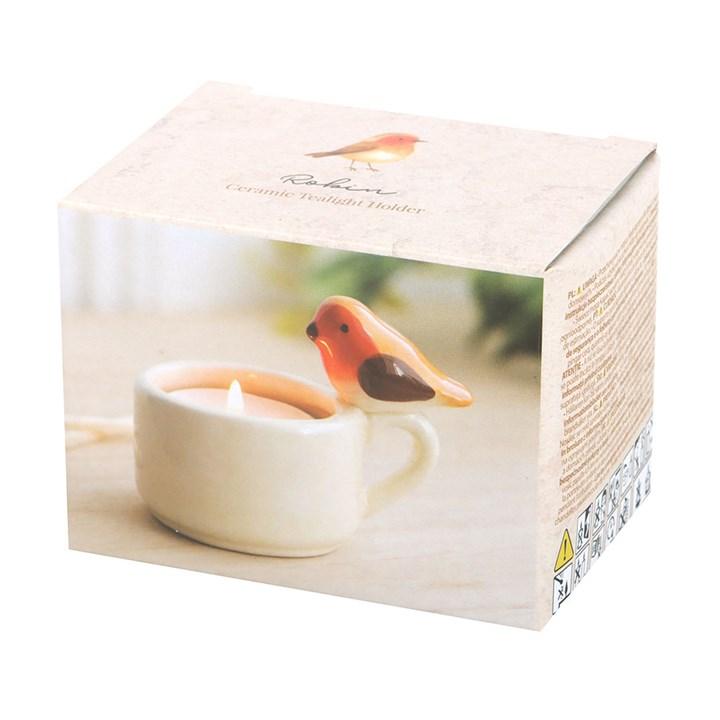 Robin tealight holder gift box, white ceramic cup with perched red bird