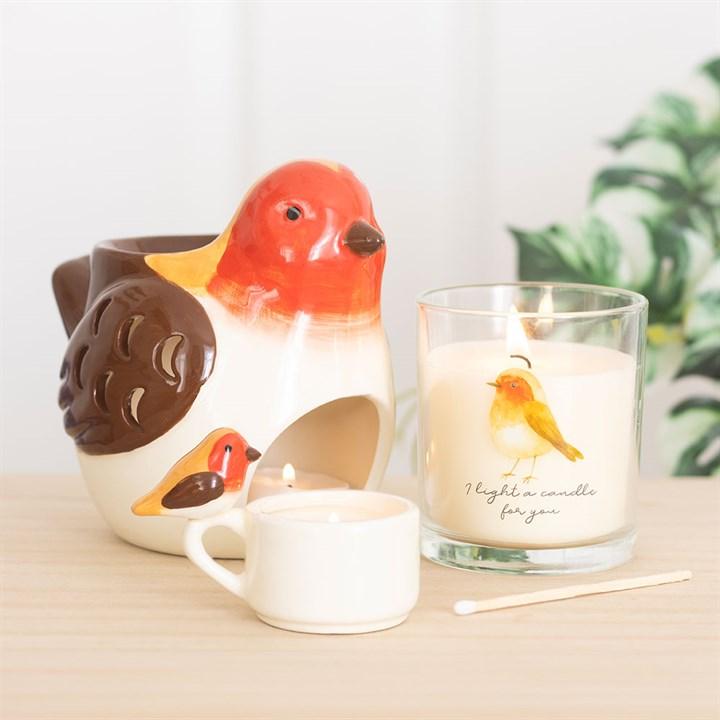 Ceramic robin tealight holder with red-orange bird and white cup