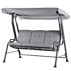 Grey three-seat porch swing bench with canopy and padded seat cushions on metal frame