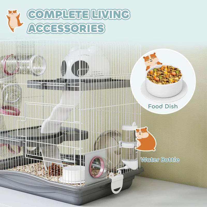 Grey-bottom hamster cage with water bottle and round food dish accessory.