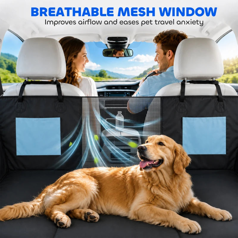 Black dog car hammock seat cover with blue side pockets and breathable mesh window