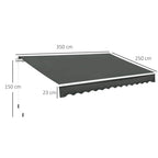 Dark grey manual awning canopy with scalloped valance and straight support arms.