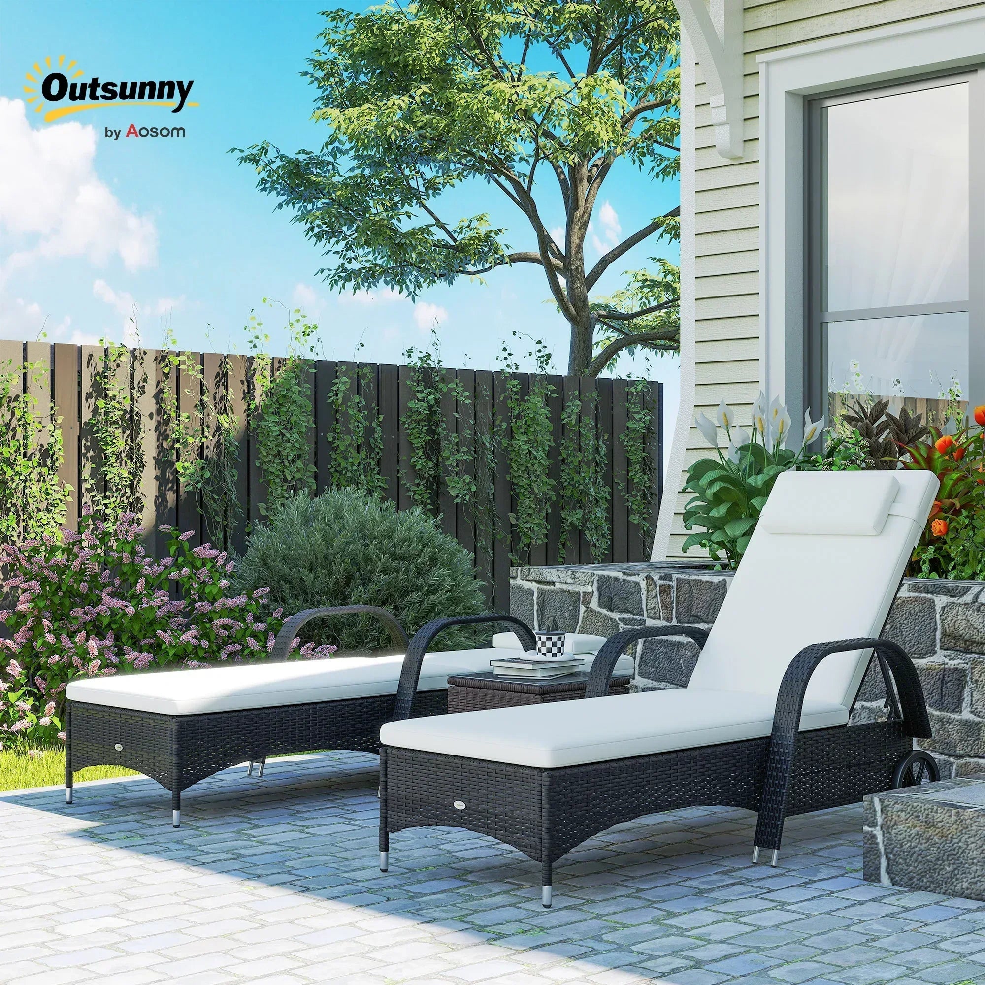 2 Seater Rattan Sun Lounger Set with Side Table Black - Bobobiy