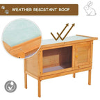 Fir-wood guinea pig hutch with wire mesh front and solid roof on raised legs.
