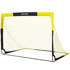 Yellow portable football goal with white netting and black frame, front view