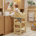 Natural wood cat-shaped toddler step stool tower with three step treads and open shelves