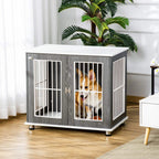 Grey wooden pet kennel with white bars and lockable door, dog inside