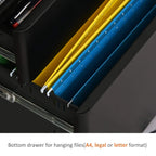 Bottom hanging-file drawer inside black three-drawer rolling filing cabinet with folders