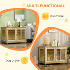 Oak-tone dog crate end table with wire doors and top surface, multi-functional design.