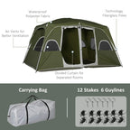 Green 2-room camping tent with divided curtain; includes carrying bag and stakes.