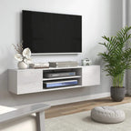 White wall-mounted TV cabinet with open center shelf and lower storage drawers