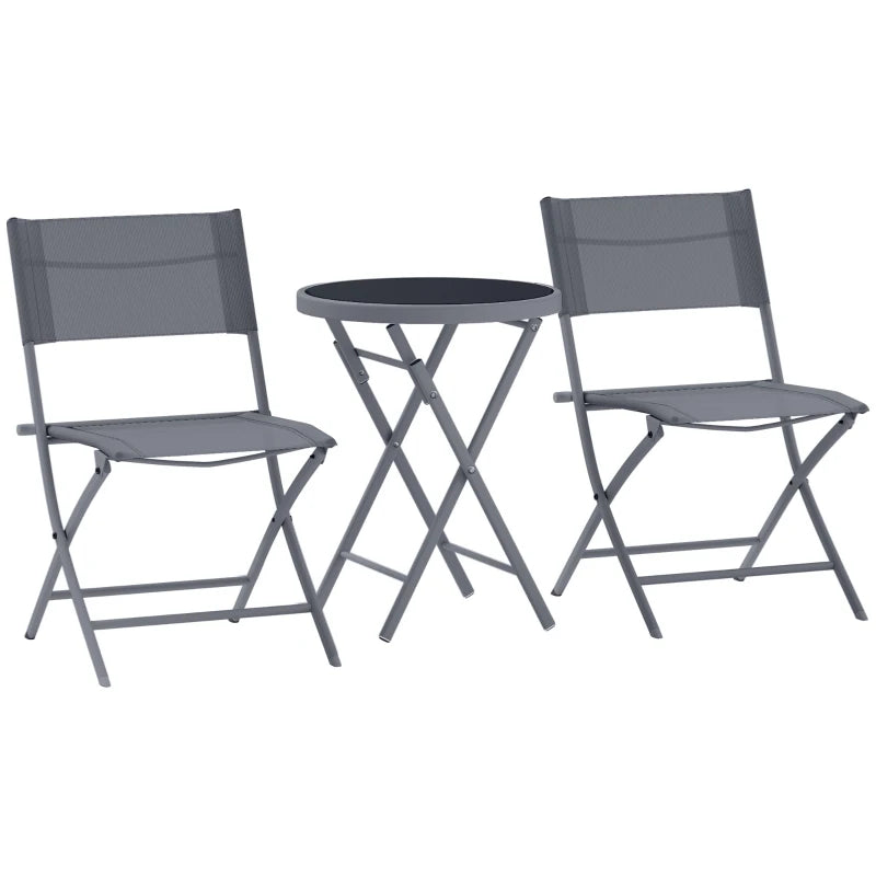 Grey outdoor bistro set with round glass-top table and 2 folding chairs