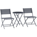 Grey outdoor bistro set with round glass-top table and 2 folding chairs