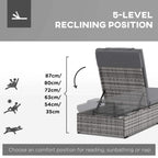Grey reclining sun lounger with cushion showing 5-level recline positions