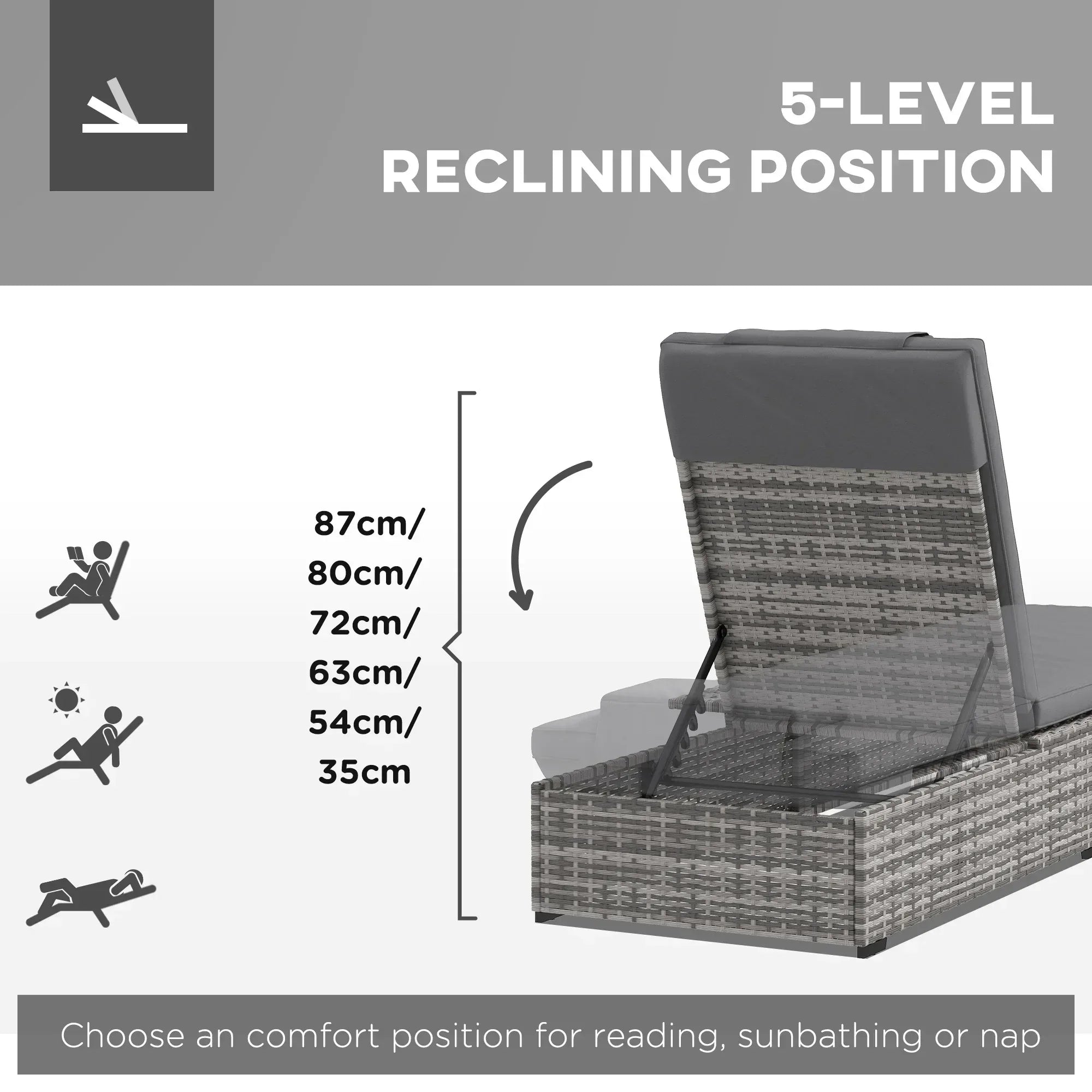 Outdoor Patio PE Rattan Lounger with Cushion, 5-Level Reclining Wicker Rattan Sun Lounger with Tea Tray, for Poolside, Patio, Deck, 120kg Weight Capacity, Grey - Bobobiy