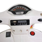 White ride-on scooter instrument panel with digital display, USB ports, and red power