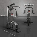 Multifunction home gym machine with bench, pulley arms, and stacked weight system (shown dimensions)