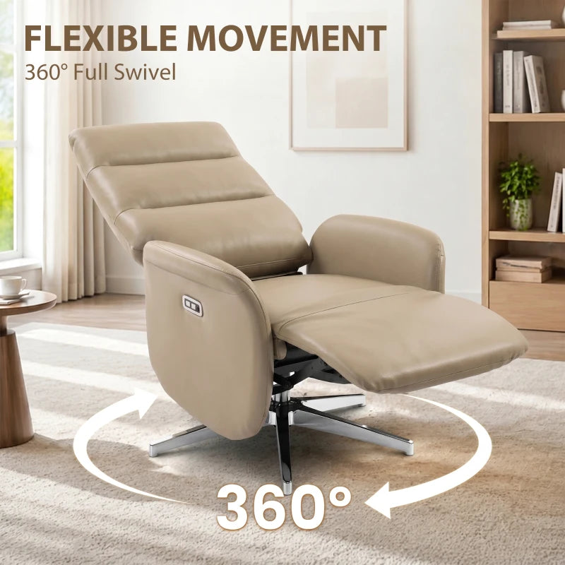 Brown 360° swivel electric recliner with extended footrest and side control panel
