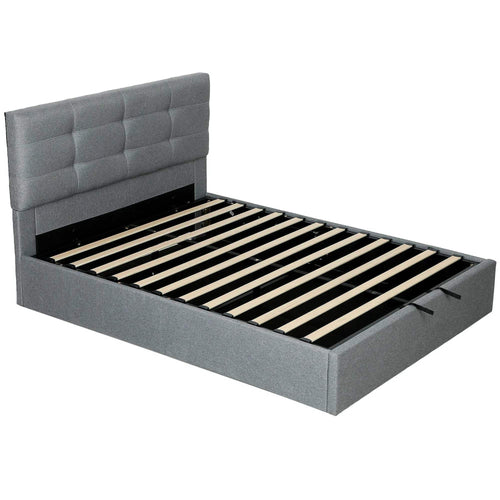Grey upholstered ottoman bed frame with gas lift storage and slatted base