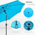 Blue patio umbrella canopy with air vent and rib frame on a black pole