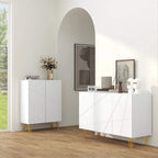 White high-gloss sideboard cabinet with diamond-pattern doors and gold hairpin legs